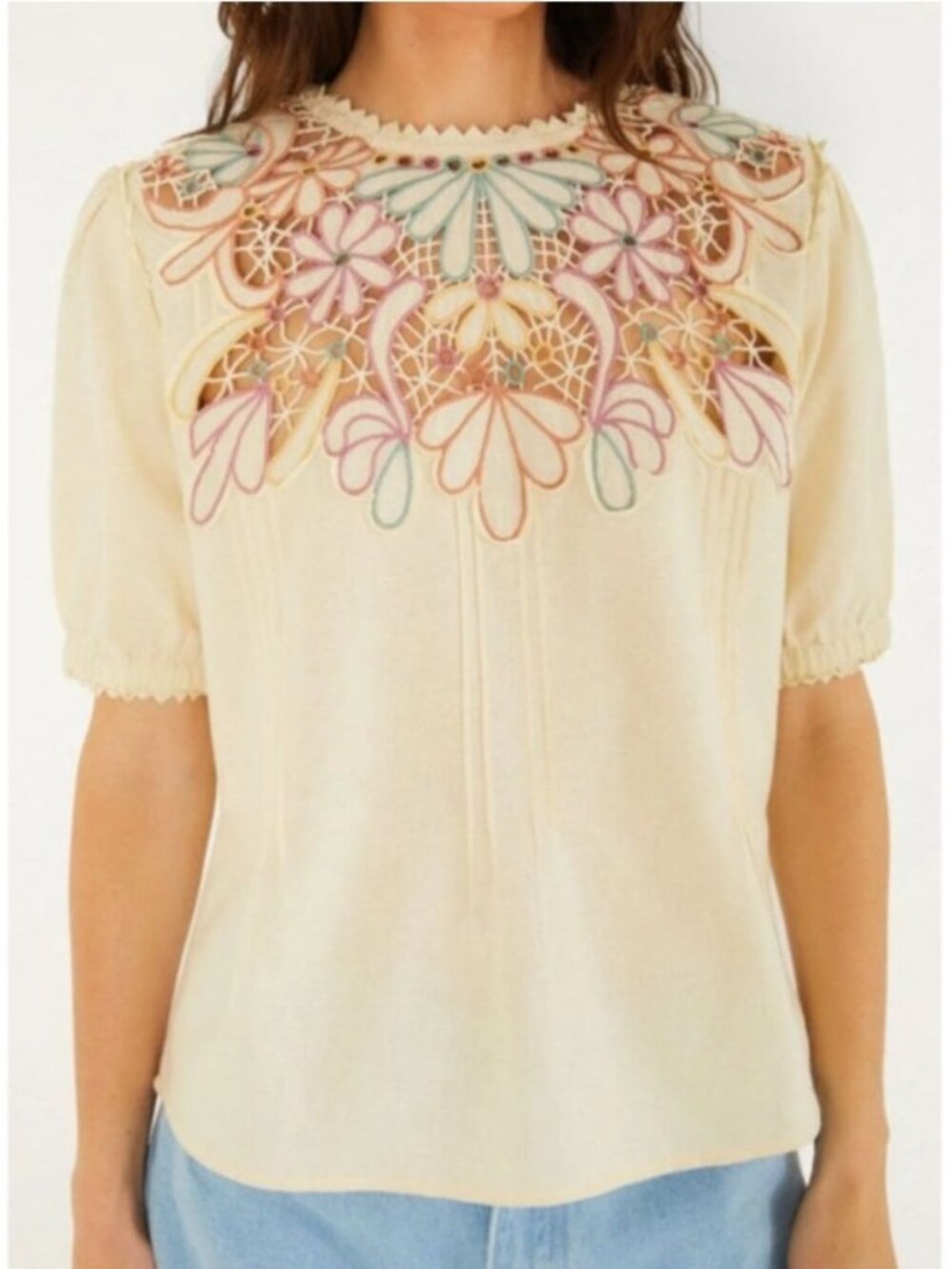 Farm Rio Women's Sz Large Beige Flower Embroidery Short Sleeve Blouse
